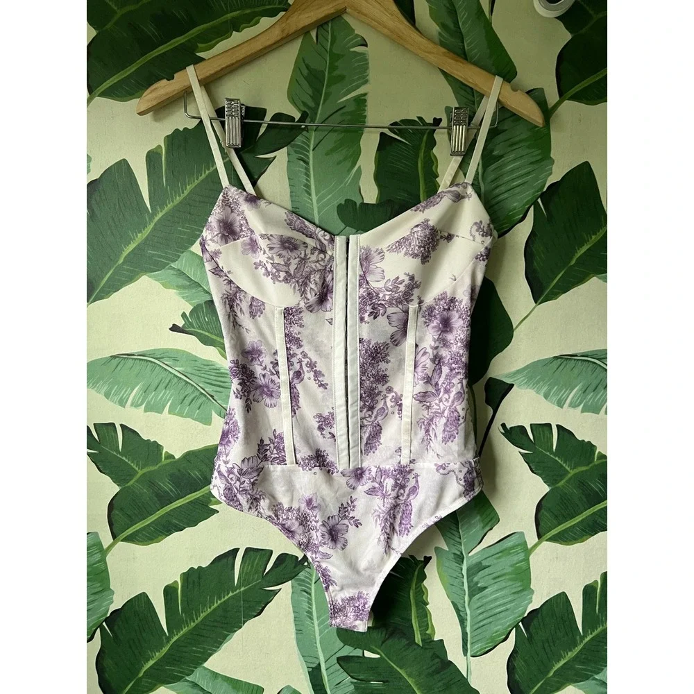 Free‎ People Floral Night Rhythm Corset Bodysuit Women Medium Ivory Combo NWT